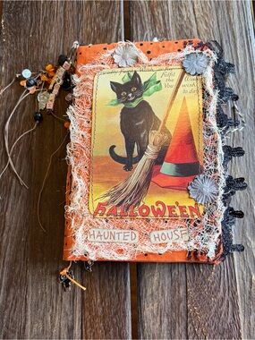 Halloween Junk Journal Small Handmade Decorated Black Cat Broom Witch Hat 3 Sig